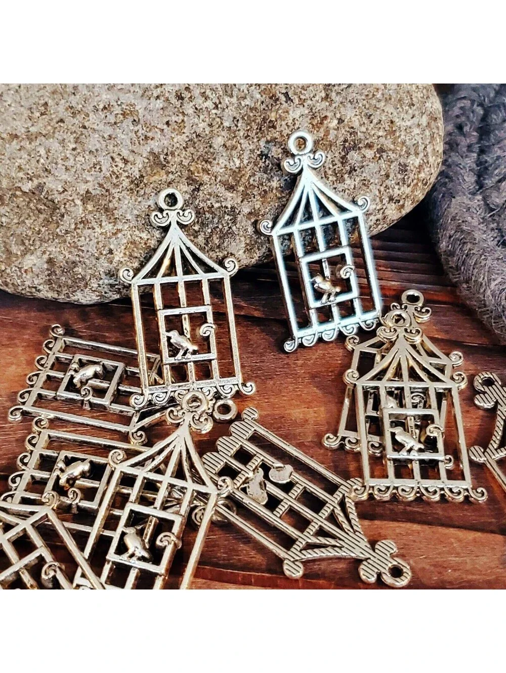 Antique Silver Pewter Art Deco Nouveau Bird & Cage Pendants 29x18mm 10 pcs